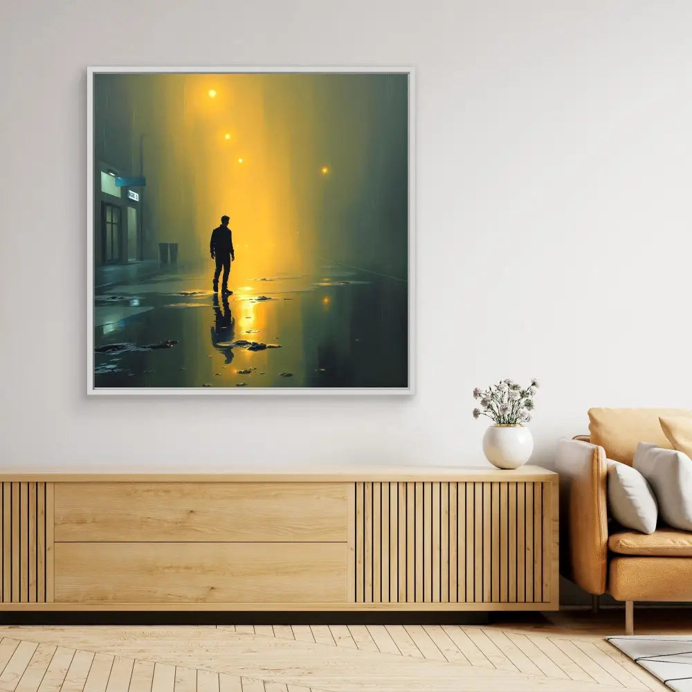 A framed artwork showing a silhouetted figure walking in foggy yellow light.