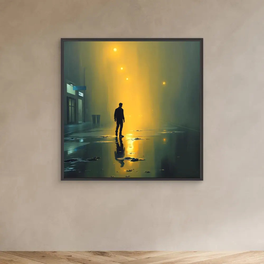 A framed artwork depicting a silhouetted figure standing in golden light.