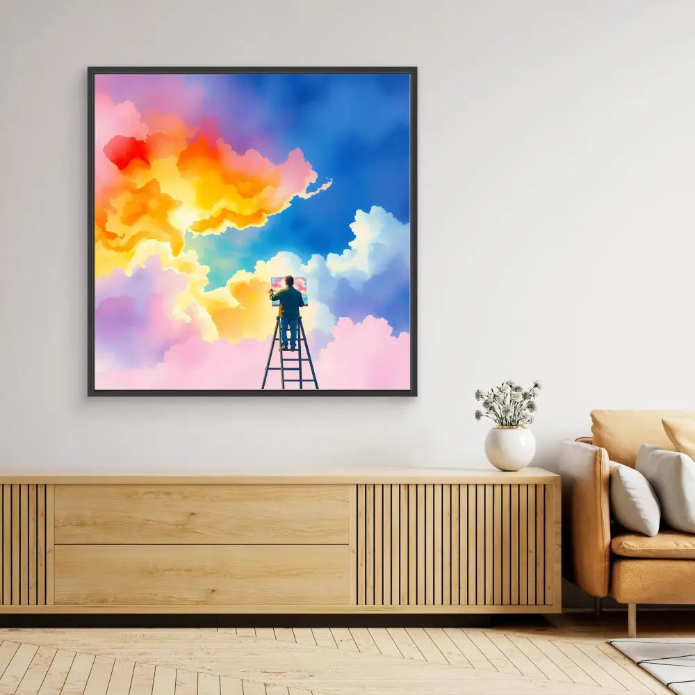 Framed artwork depicting a silhouetted figure on a ladder painting vibrant, colorful clouds.