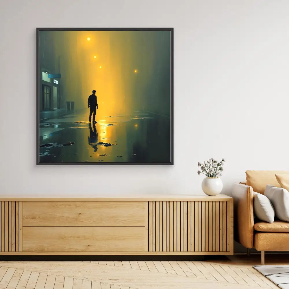 A framed artwork showing a silhouetted figure walking in misty yellow light.