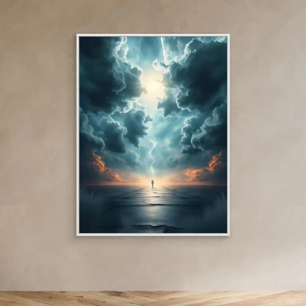 A framed artwork depicting a silhouetted figure standing on water beneath dramatic storm clouds and lightning.