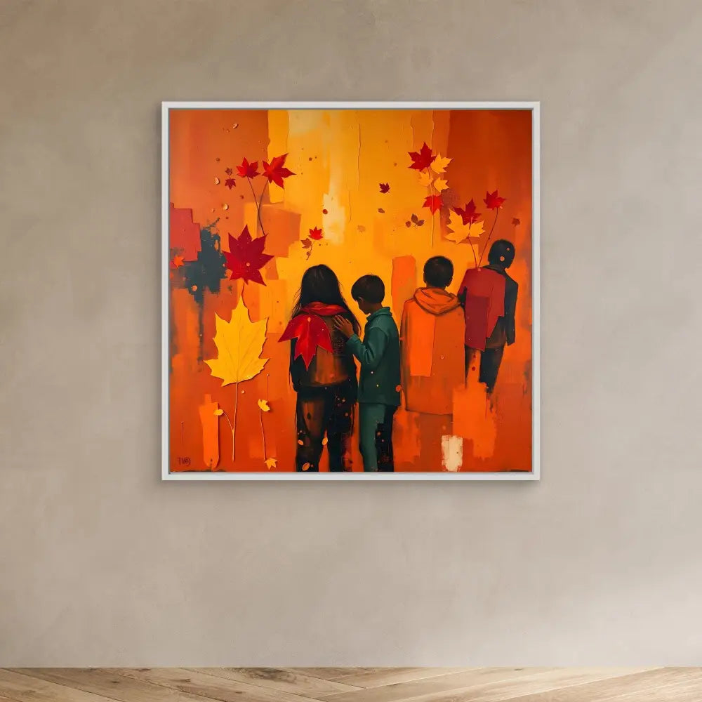 Framed artwork depicting silhouetted figures against an orange background with falling autumn leaves.