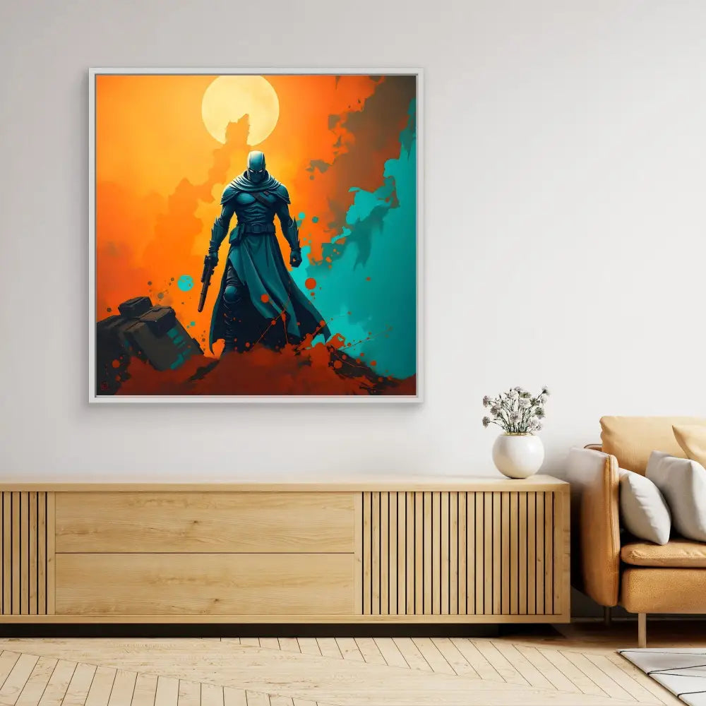 Framed artwork depicting a silhouetted warrior against an orange and teal sunset.