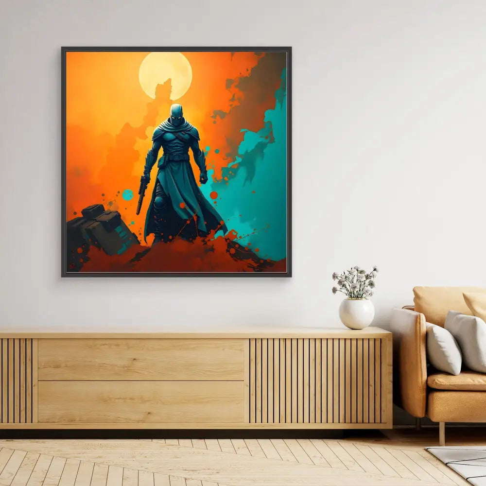 Framed artwork depicting a silhouetted warrior against an orange and teal sky.