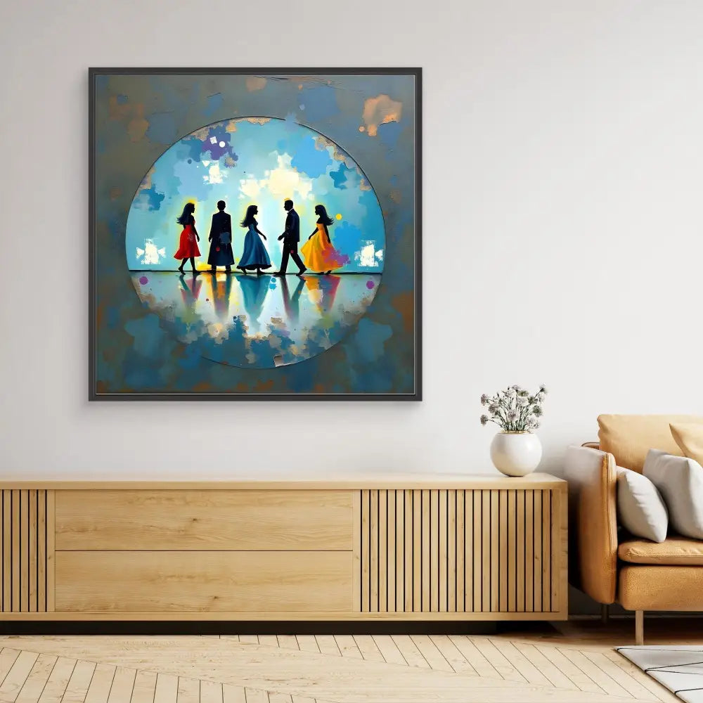 Framed artwork showing silhouettes of five figures walking against a blue circular backdrop.