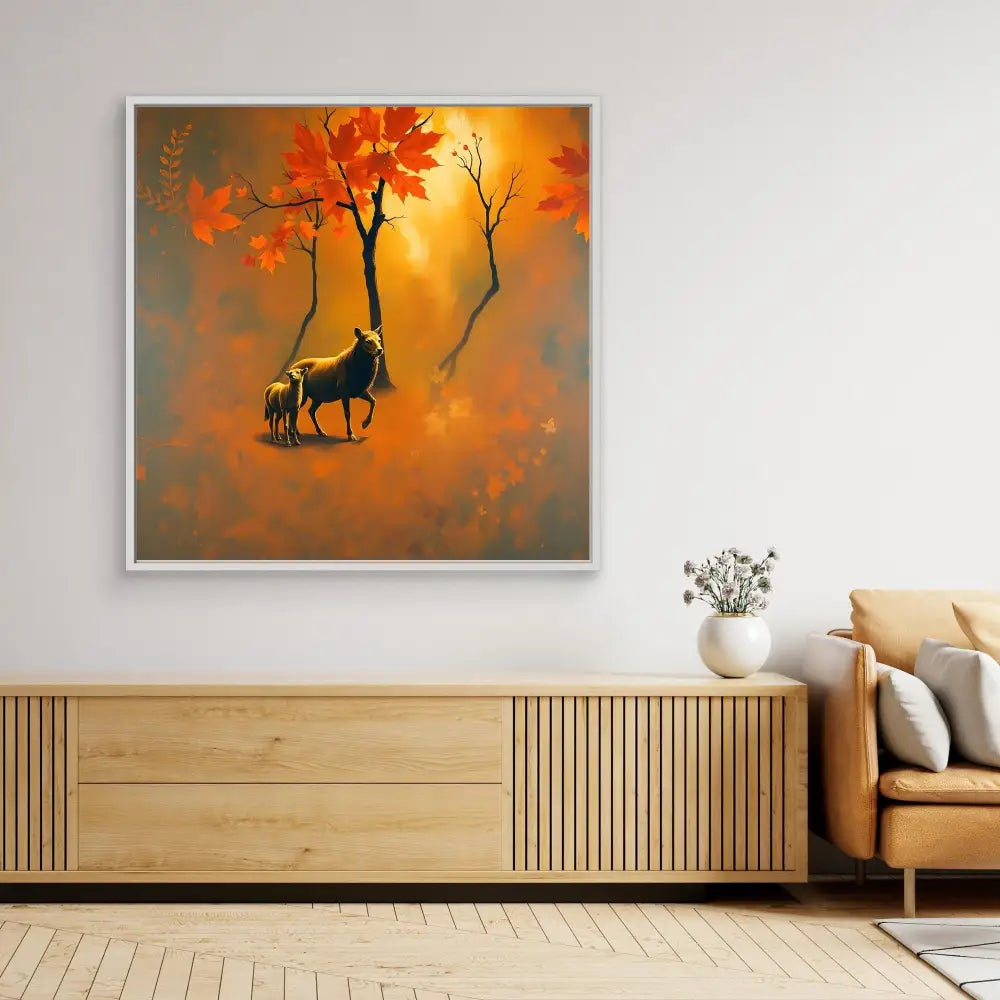 Framed artwork depicting silhouettes of horses beneath autumn trees against an orange sky.