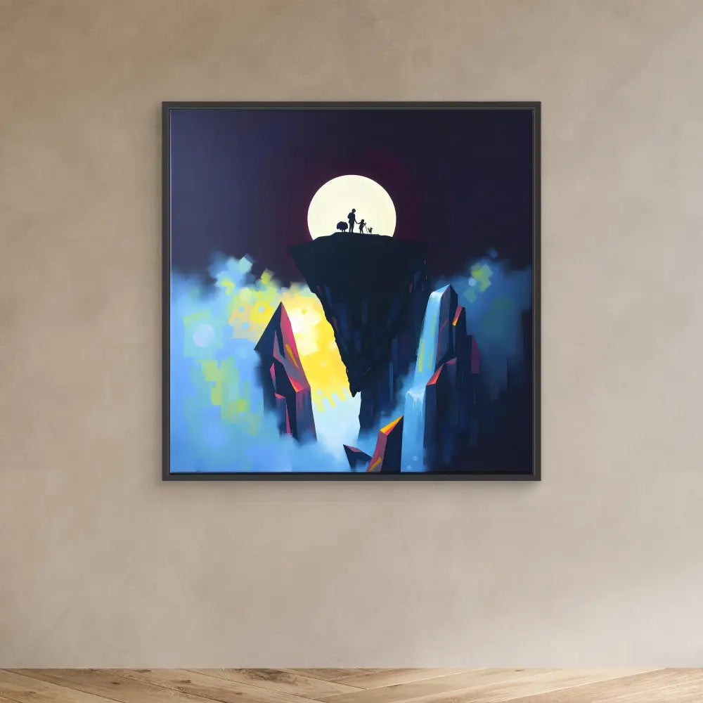 Framed artwork depicting silhouettes against a full moon with blue and yellow misty cliffs.