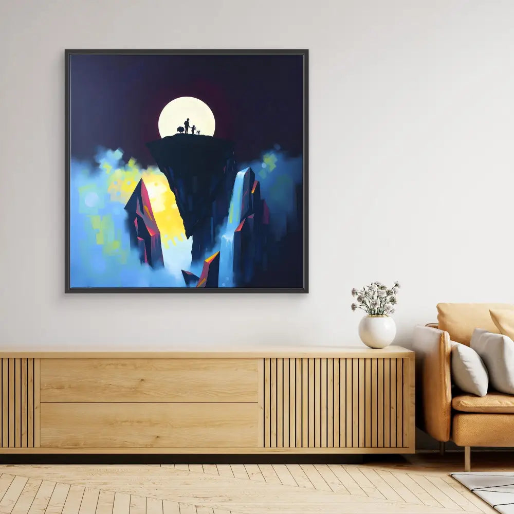 Framed artwork depicting silhouettes against a full moon with colorful waterfalls.