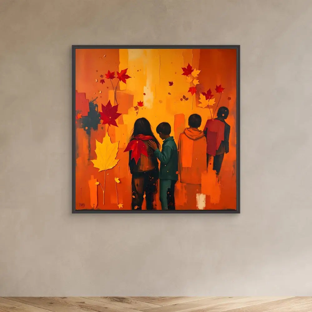 Framed artwork depicting silhouettes of people against an orange background with falling autumn leaves.