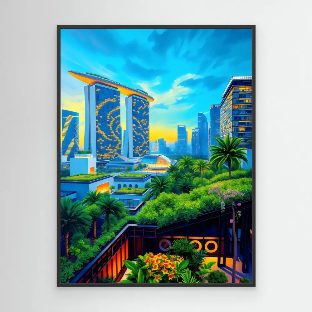 Framed artwork depicting Singapore’s Marina Bay Sands hotel and cityscape at sunset.