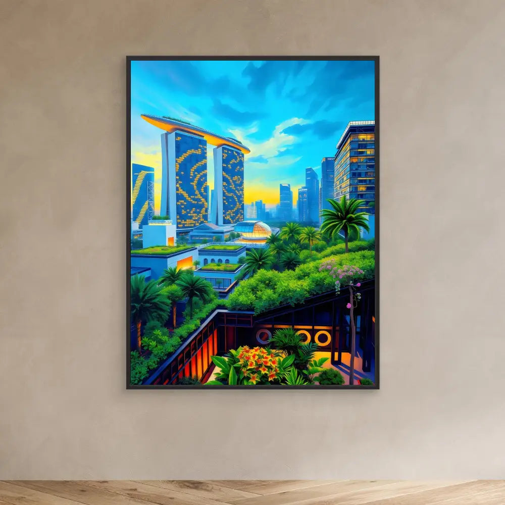 Framed artwork depicting Singapore’s Marina Bay Sands hotel and skyline in vibrant colors.