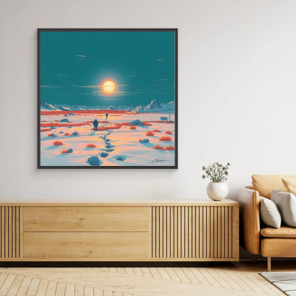 Framed artwork depicting a snowy landscape with a bright sun and distant figures under a turquoise sky.