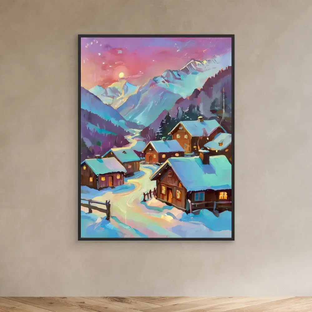 Framed artwork depicting a snowy mountain village with cozy log cabins at sunset.