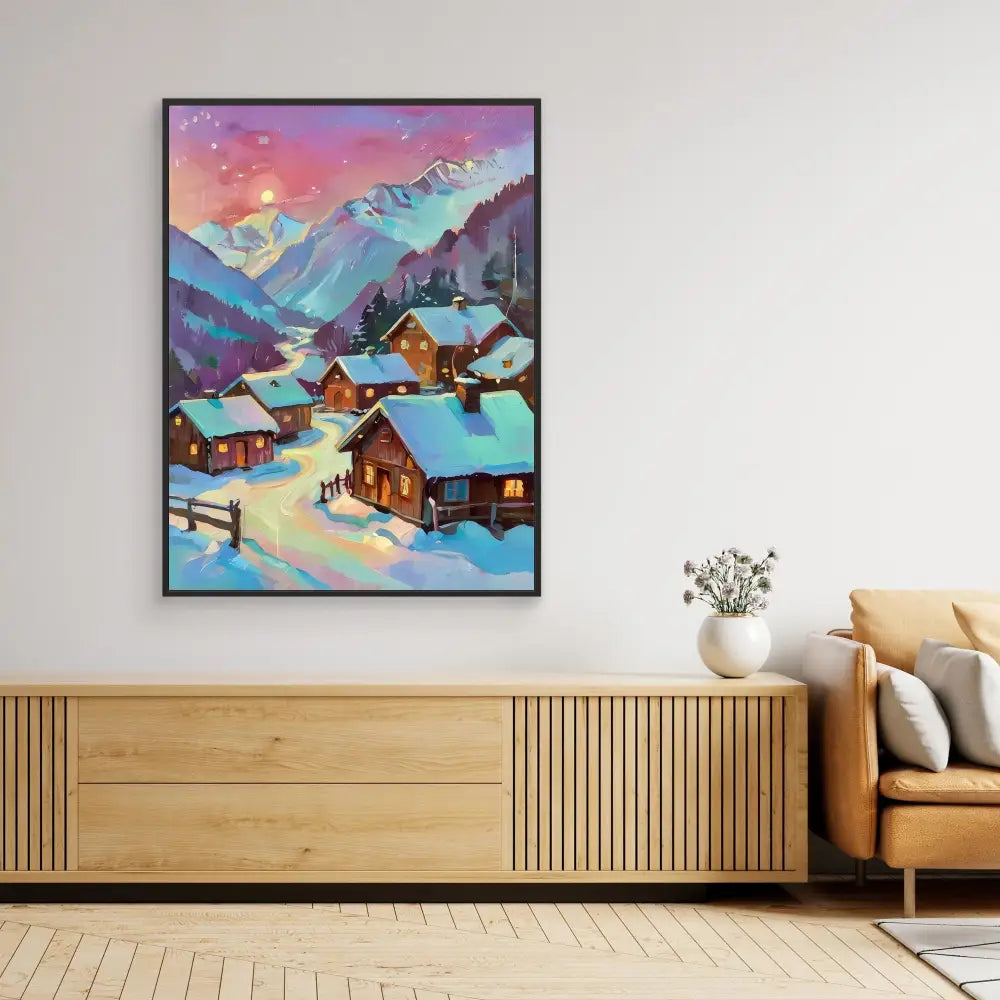 Framed artwork depicting a snowy mountain village at sunset with colorful purple and pink hues.