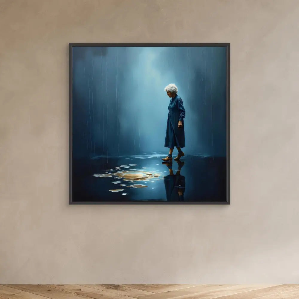 A framed artwork depicting a solitary figure in a blue dress standing in reflected light.