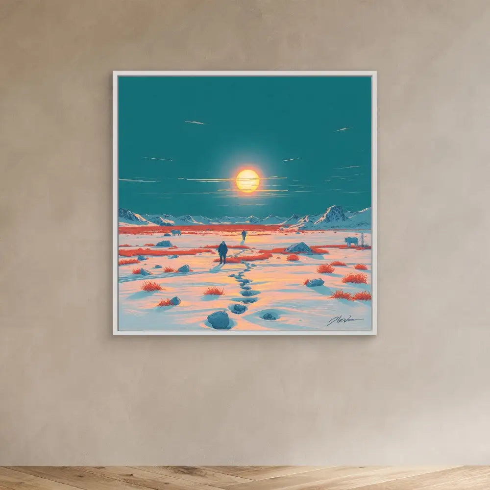 Framed artwork depicting a solitary figure walking through a snowy landscape under a bright sun.