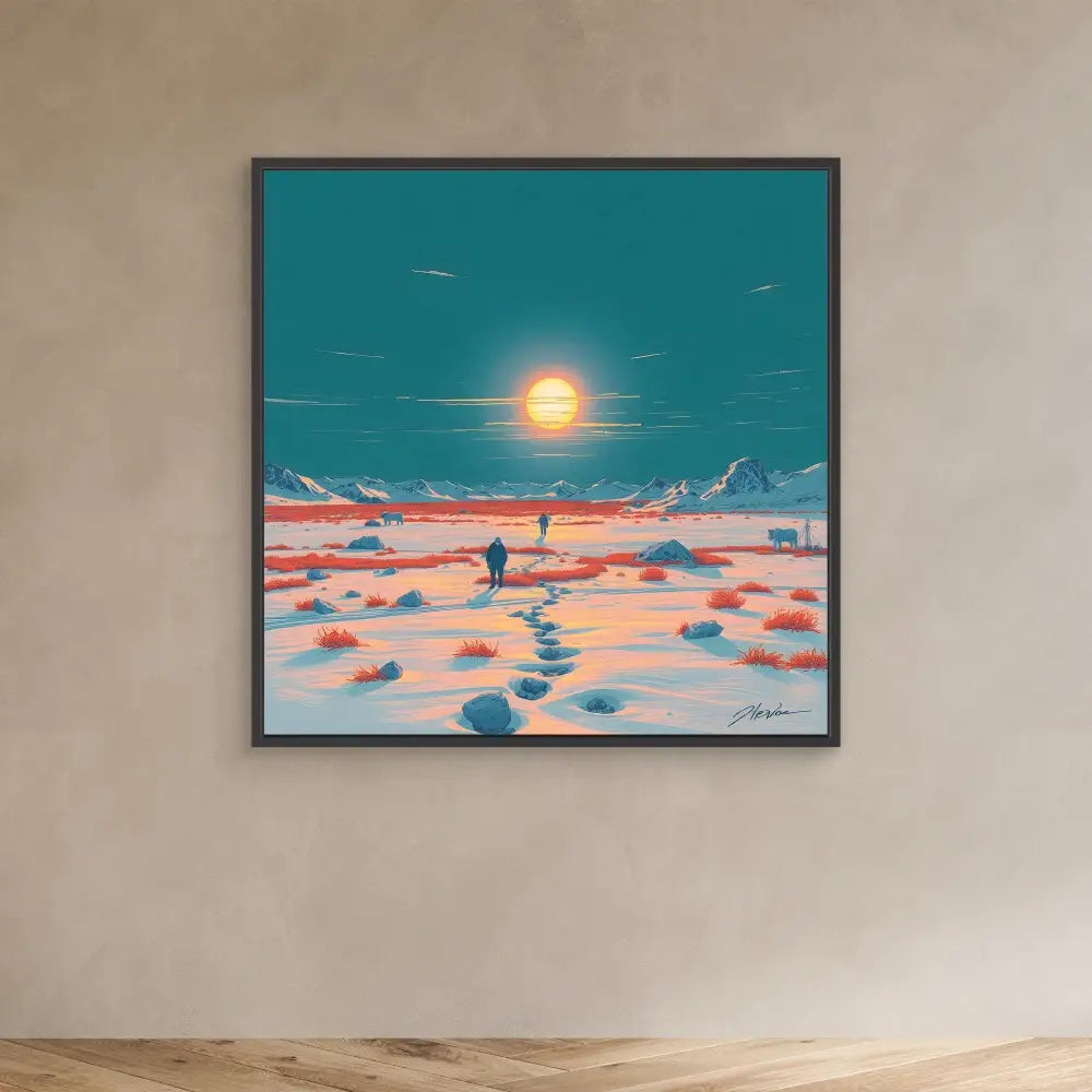 Framed artwork depicting a solitary figure standing in a surreal turquoise and coral-colored landscape beneath a bright sun.