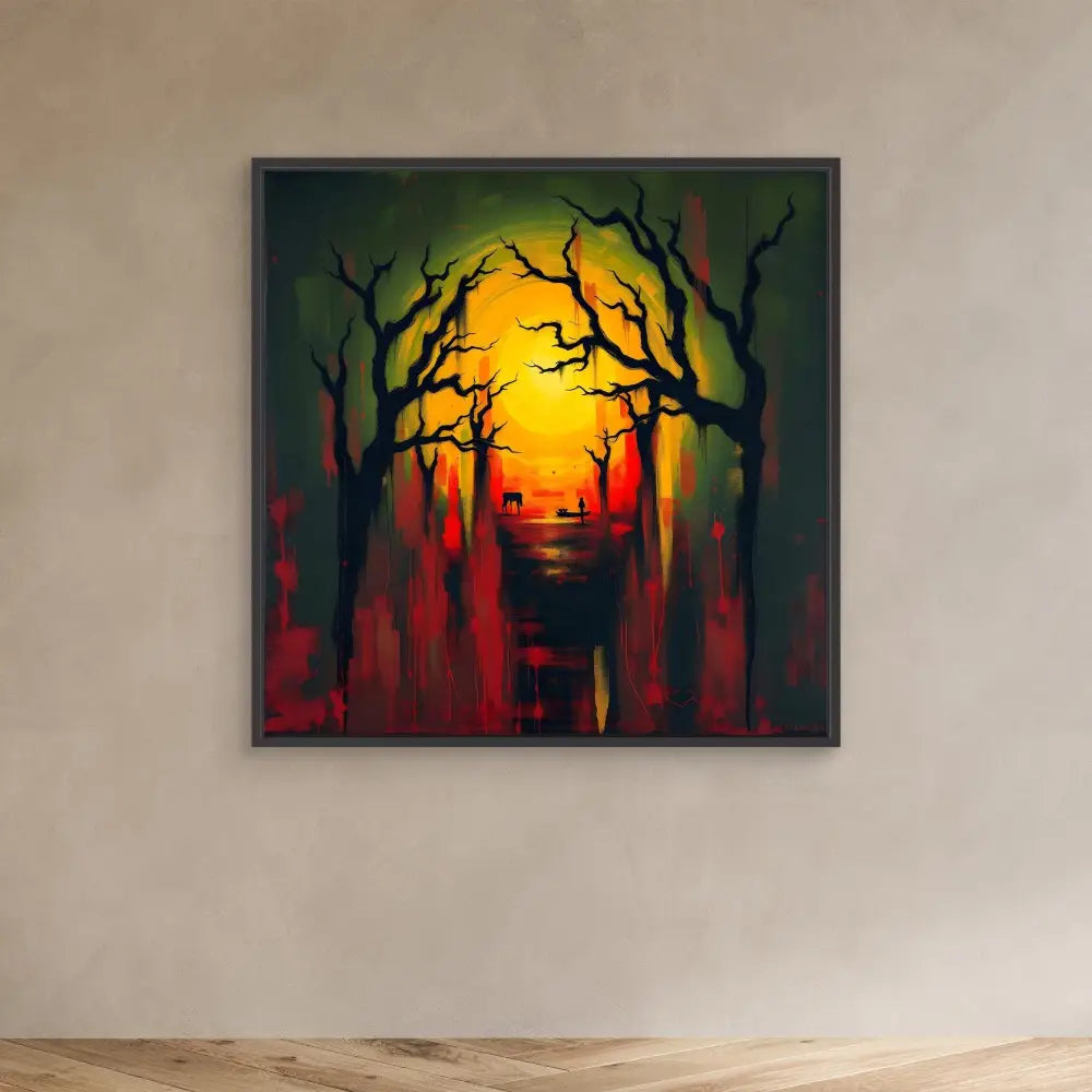 Framed artwork depicting a spooky forest silhouetted against a glowing yellow sunset.