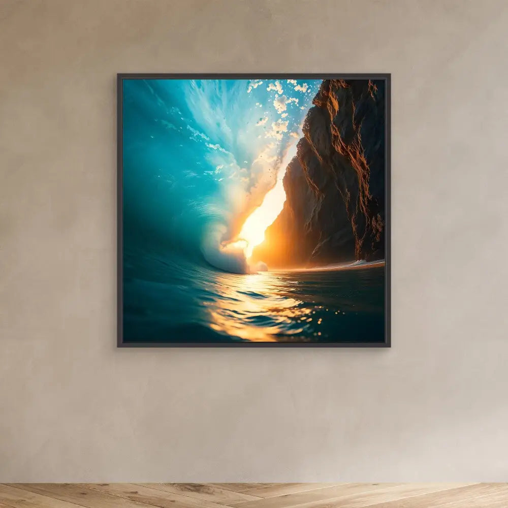 Framed artwork depicting sunlight streaming through a coastal cave opening onto shimmering water.