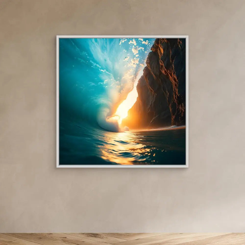 Framed artwork showing sunlight streaming through a coastal cave opening onto glittering water.