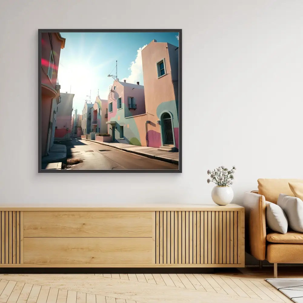 Framed artwork depicting a sunny Mediterranean-style street with pastel-colored buildings.