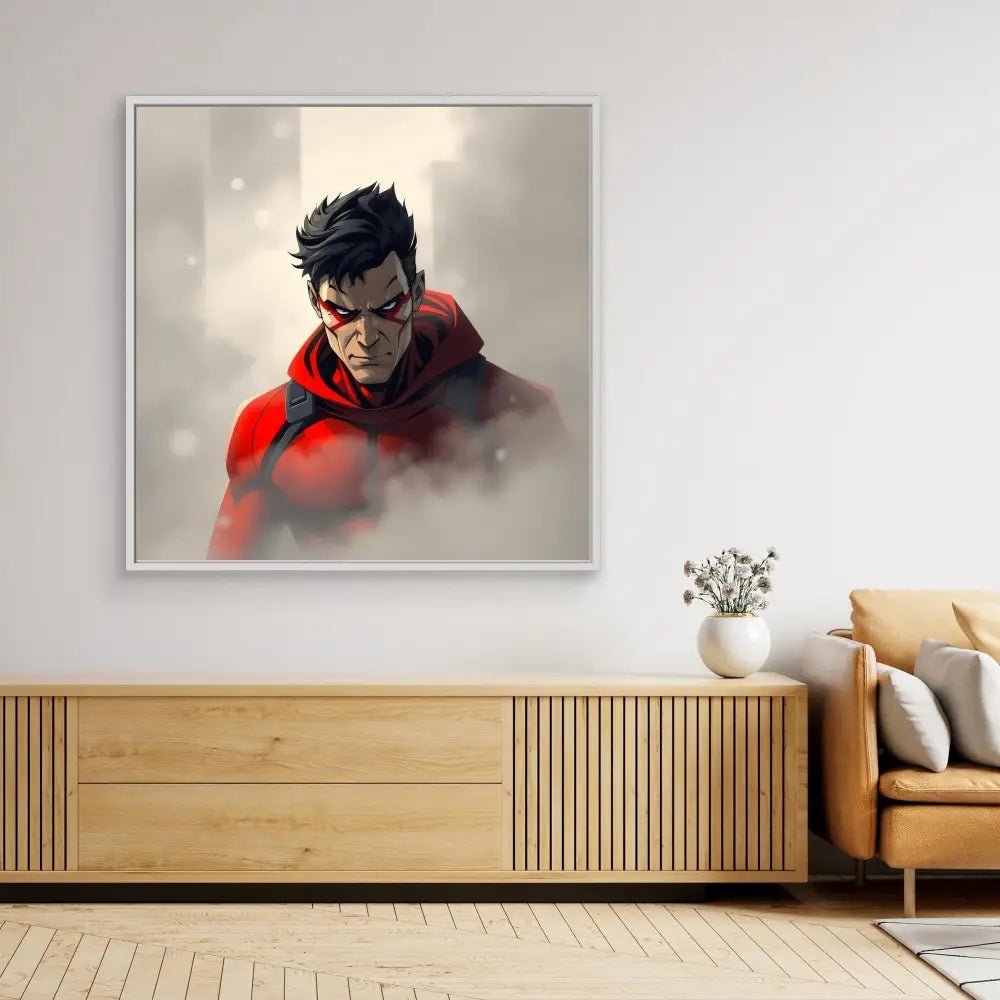 A framed artwork of a superhero character wearing a red hood in a misty atmosphere.