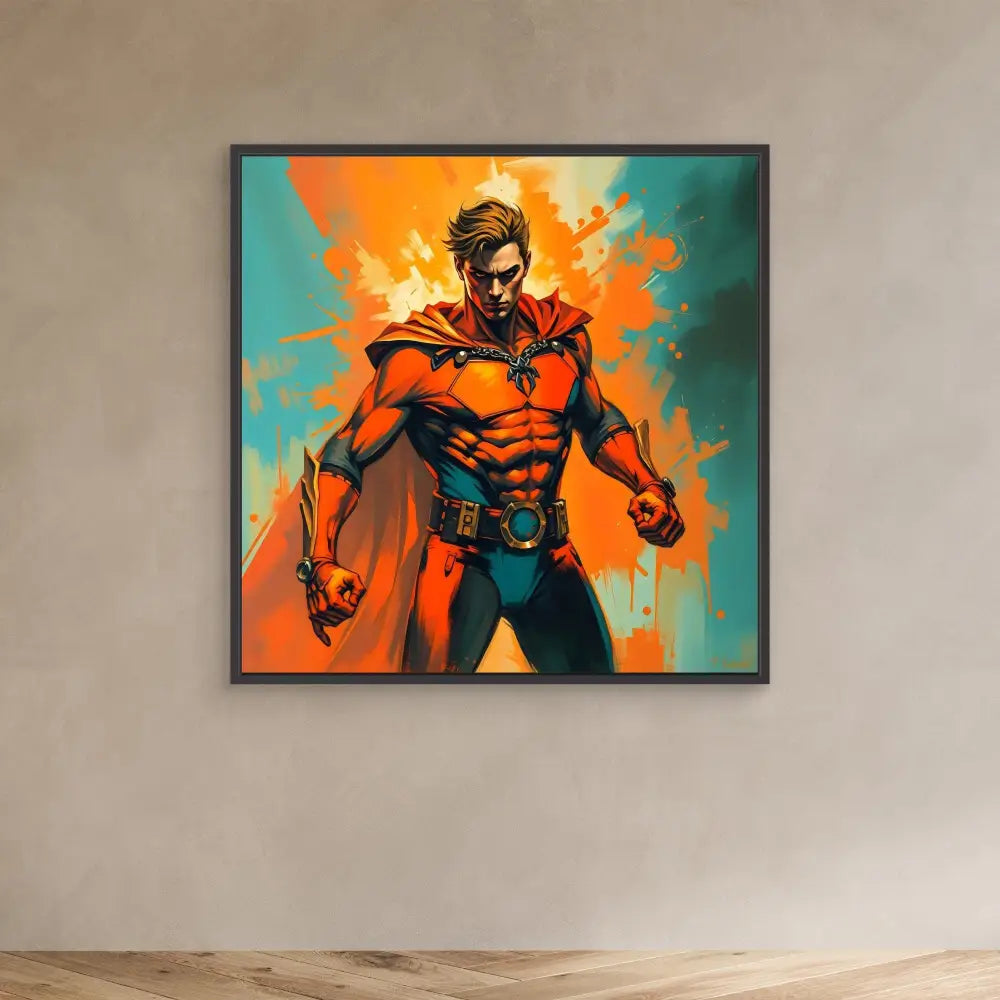 Framed artwork of a superhero in a red costume striking a powerful stance against an orange and teal backdrop.