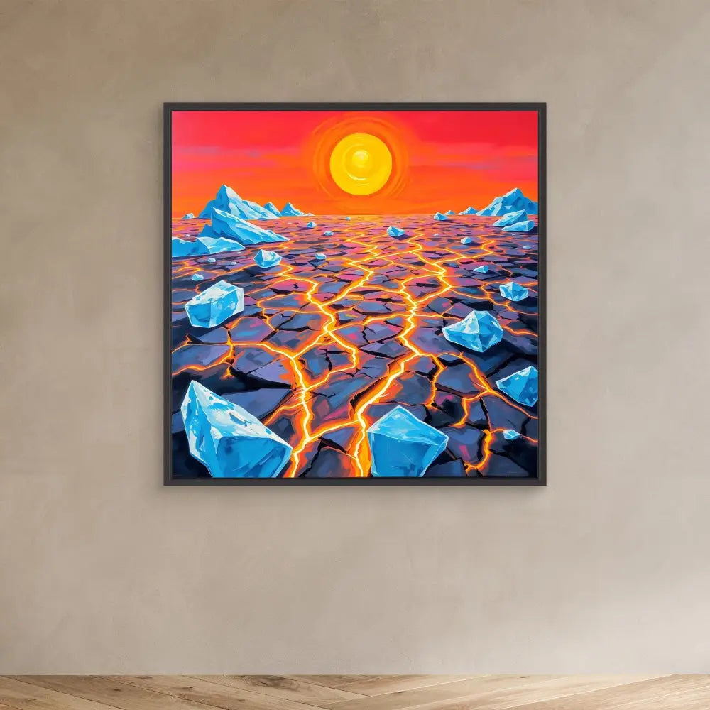 Framed artwork depicting a surreal landscape with glowing lava cracks between blue ice formations under an orange sun.