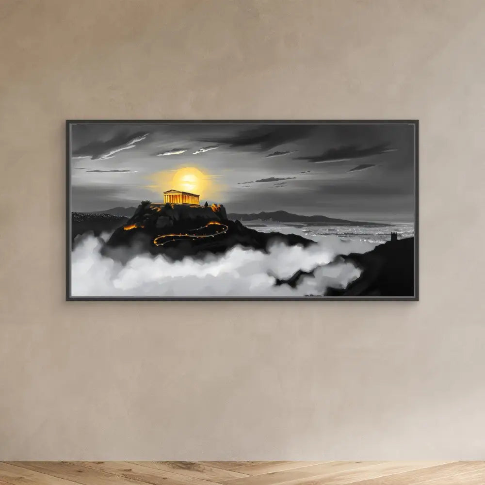 A framed artwork depicting a glowing temple atop a misty mountain.