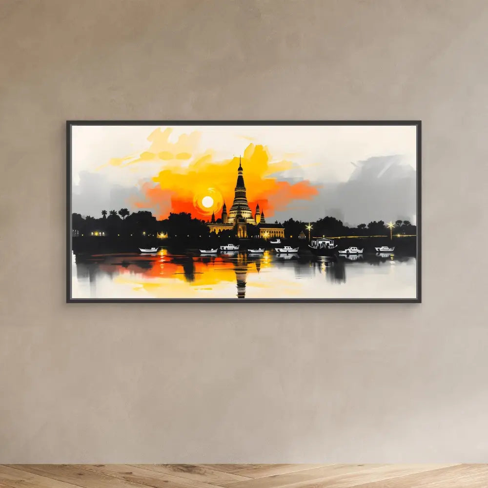 Framed artwork depicting a temple silhouette against an orange sunset reflected in water.