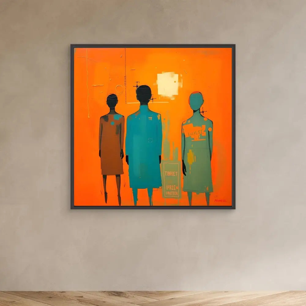 Framed artwork featuring three silhouetted figures against a vibrant orange background.