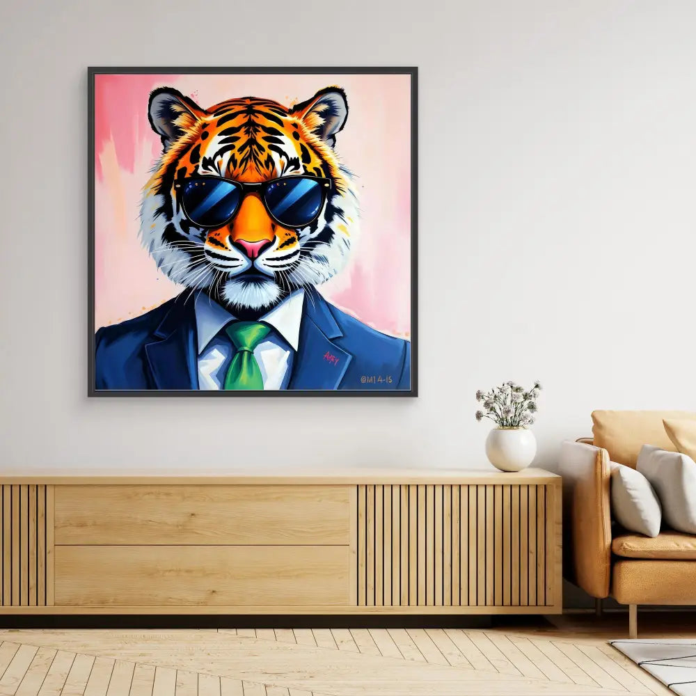 Framed artwork of a tiger wearing sunglasses, a blue suit, and green tie.