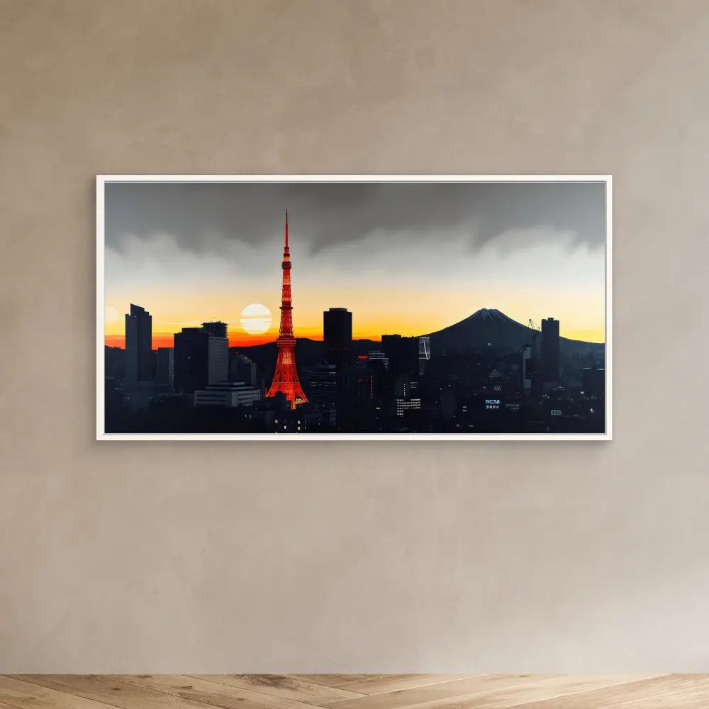 Framed artwork showing Tokyo’s skyline with Tokyo Tower illuminated at sunset.