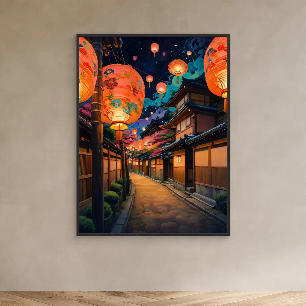 Framed artwork depicting a traditional Japanese street illuminated by glowing orange lanterns at night.