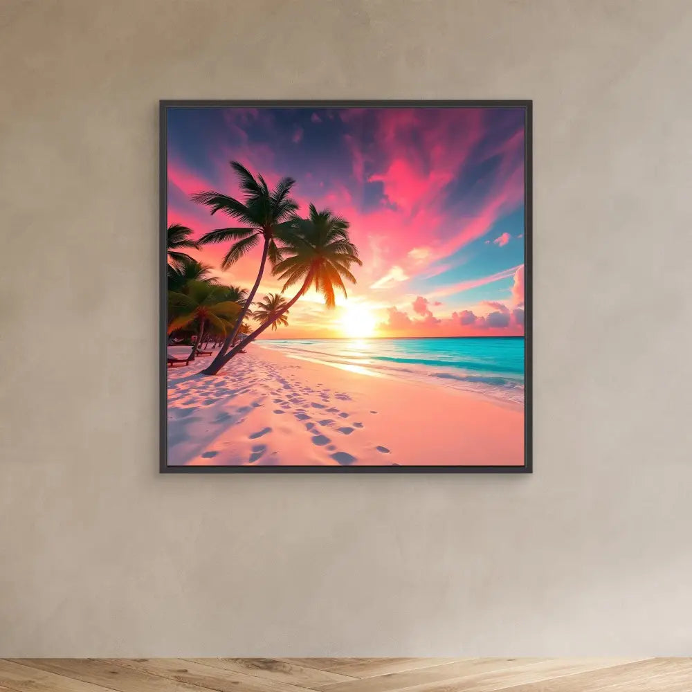 Framed artwork of a tropical beach sunset with palm trees and footprints in pink sand.