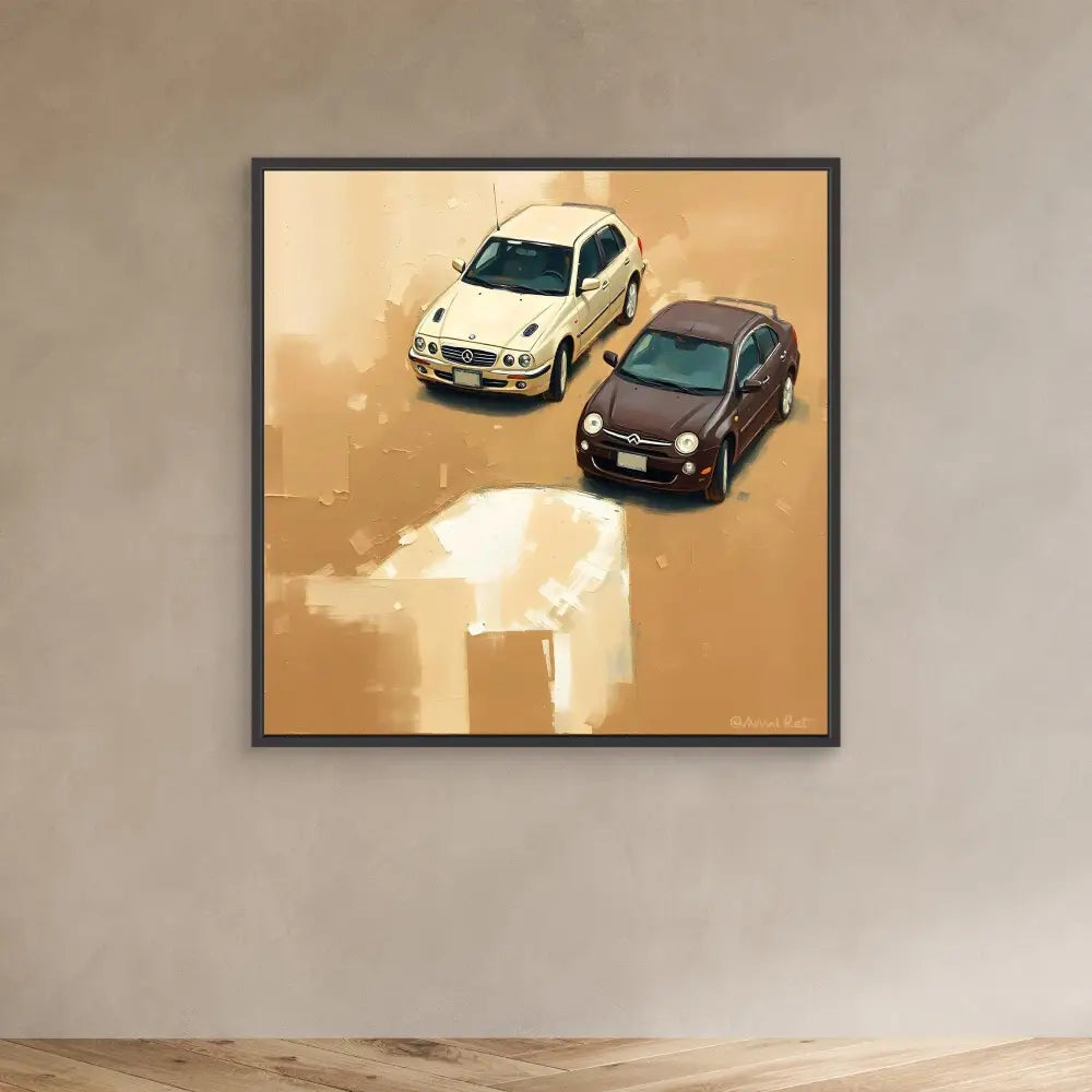 Framed artwork showing two cars in contrasting colors against a sepia-toned background.