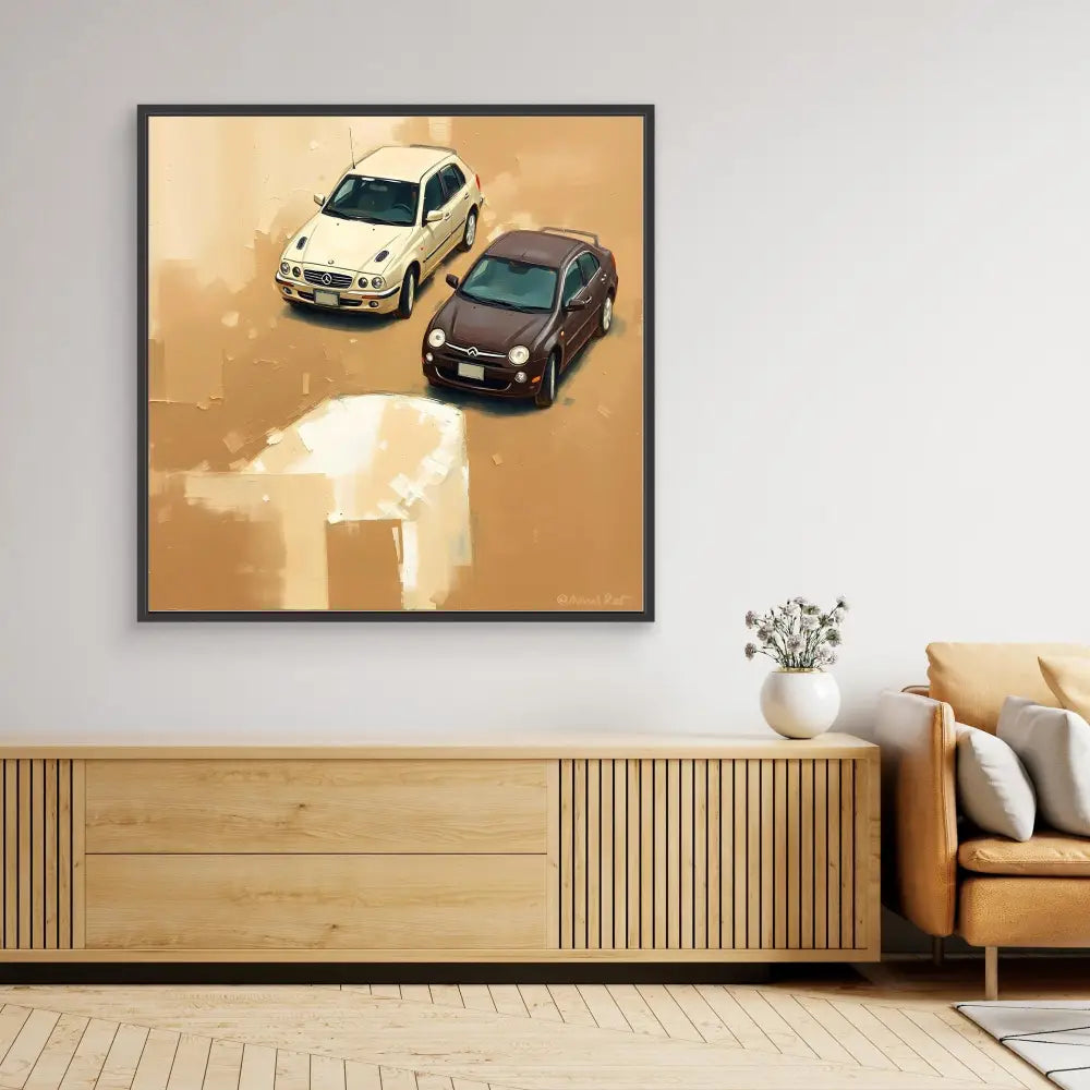 Framed artwork showing two cars in sepia tones mounted above a wooden credenza.