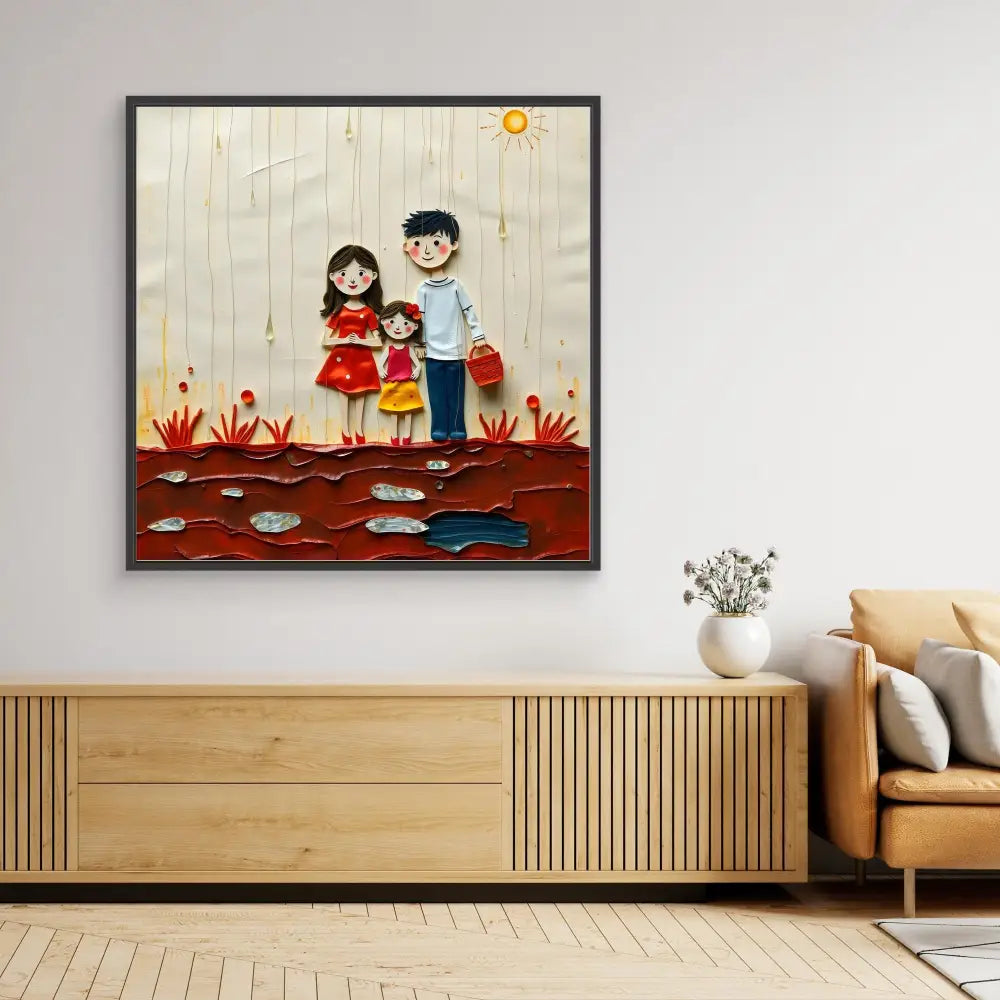 A framed artwork depicting two cartoon children standing among red flowers and puddles.