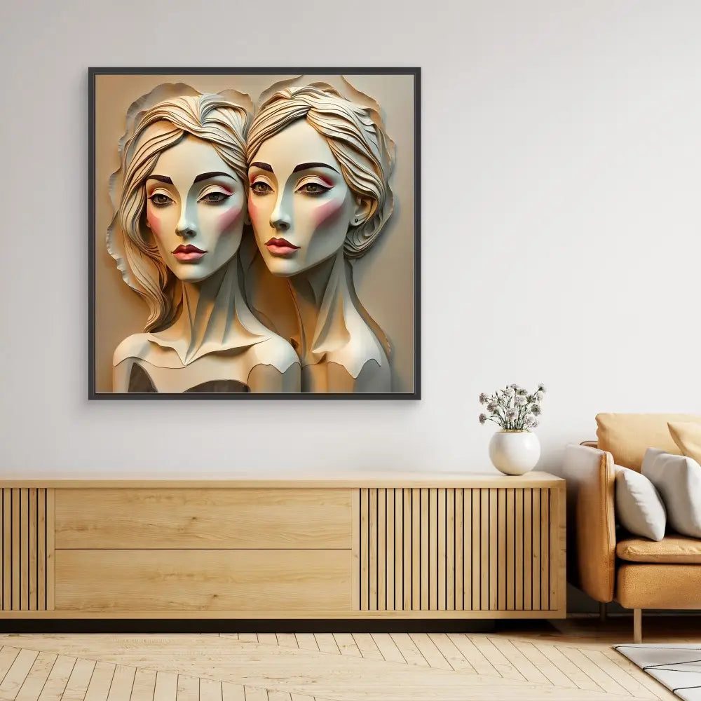 Framed artwork depicting two identical sculptural busts with blonde hair and dramatic features.