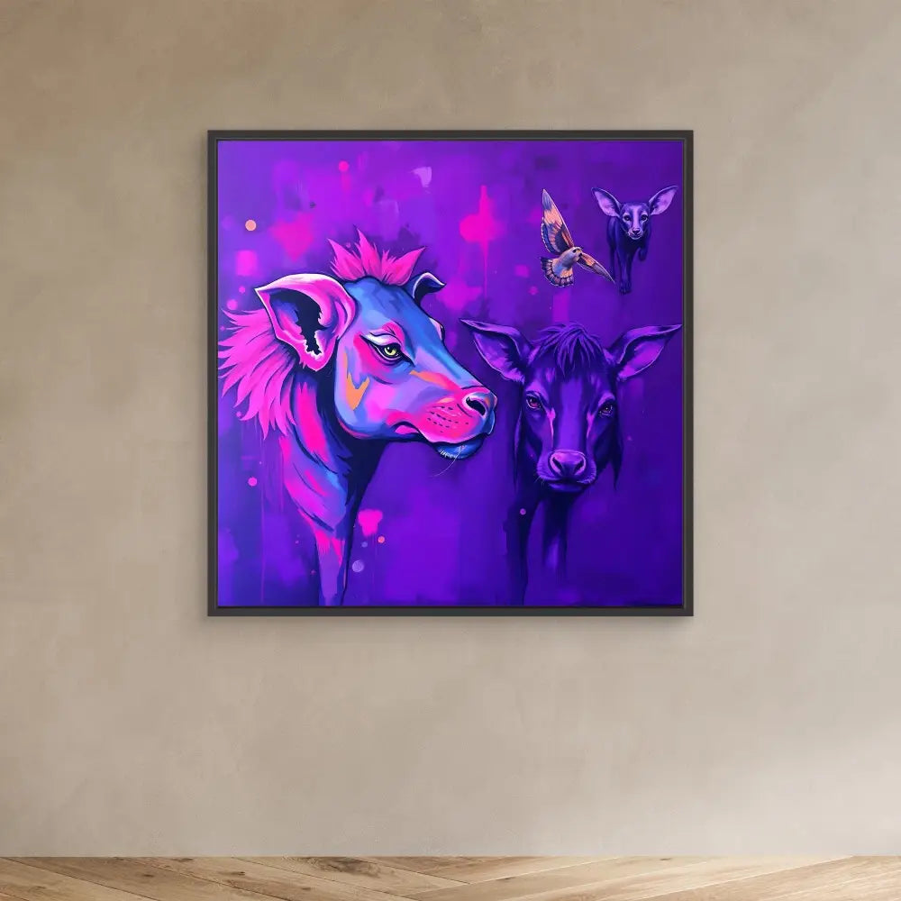 Framed artwork featuring two neon-colored cows with butterflies in purple and pink tones.