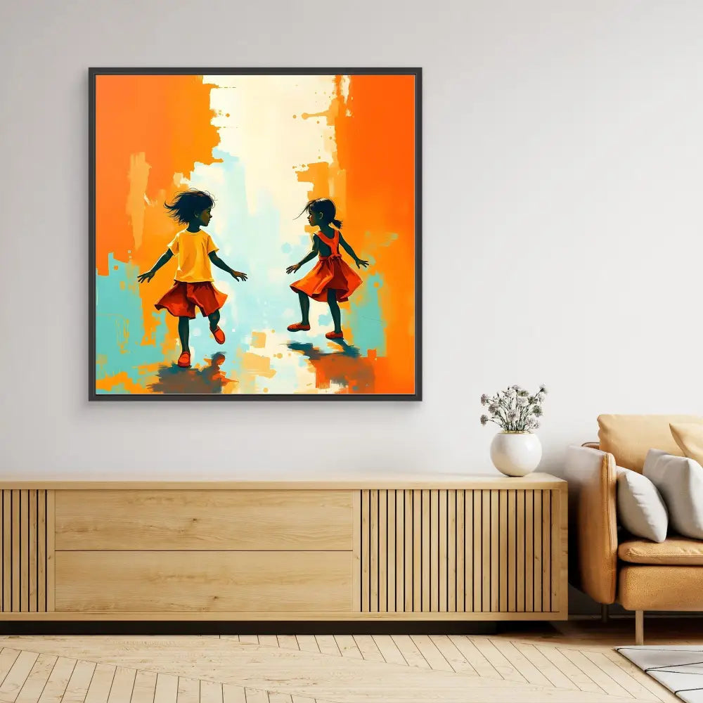 A framed artwork depicting two silhouetted children dancing against an orange and turquoise background.