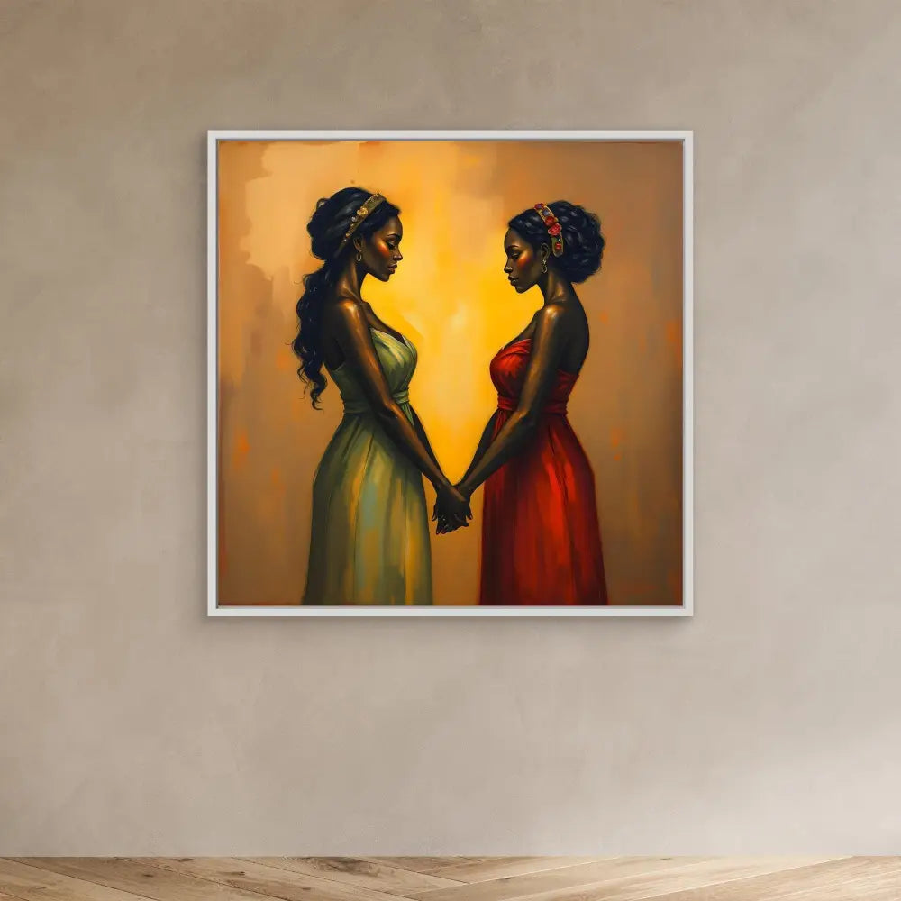 Framed artwork depicting two silhouetted figures in elegant dresses holding hands against a golden backdrop.