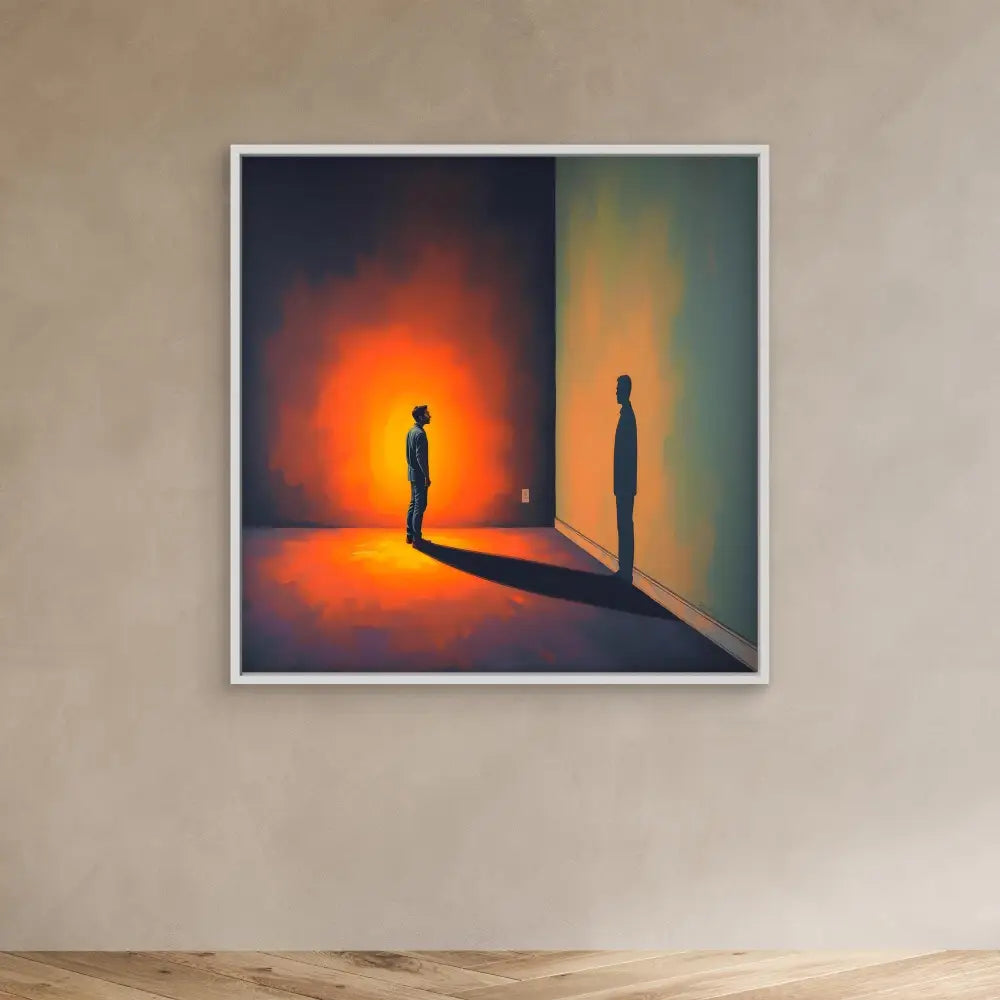 A framed artwork depicting two silhouetted figures separated by a corner wall with dramatic orange lighting.