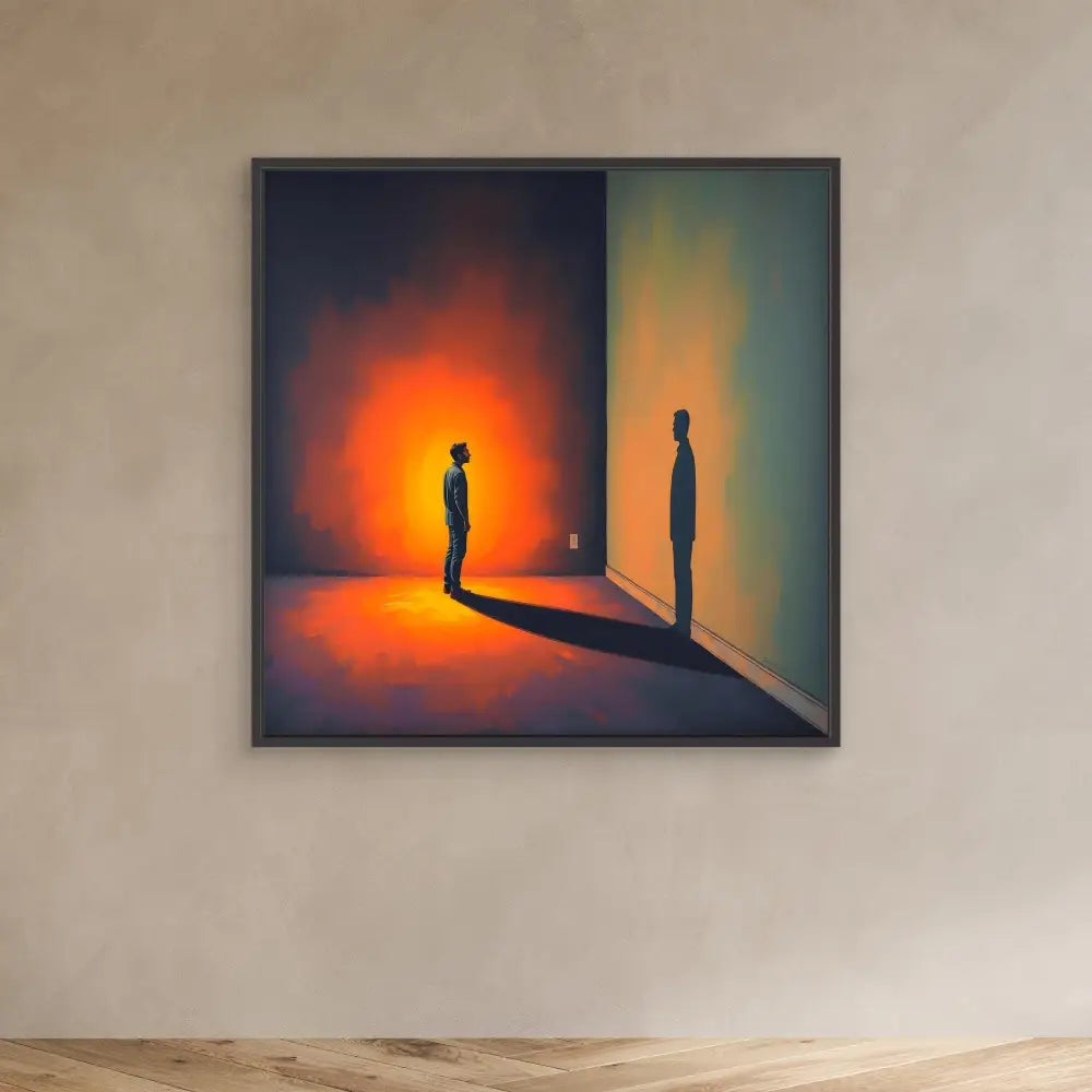 A framed artwork depicting two silhouetted figures separated by a corner wall with contrasting orange and yellow lighting.