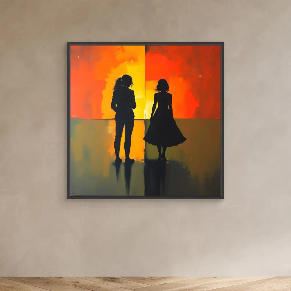 Framed artwork showing two silhouetted figures against a vibrant orange sunset backdrop.