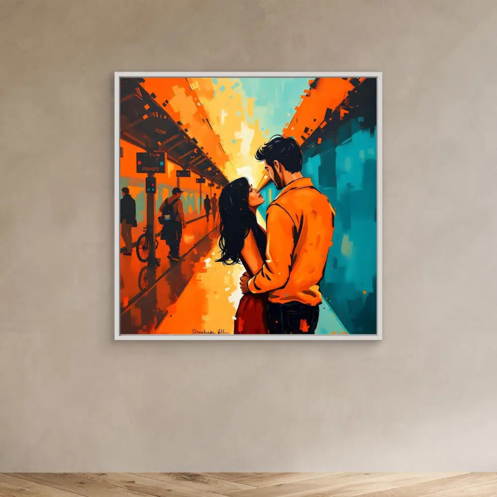 Framed artwork depicting two silhouetted figures in a vibrant orange and teal corridor.