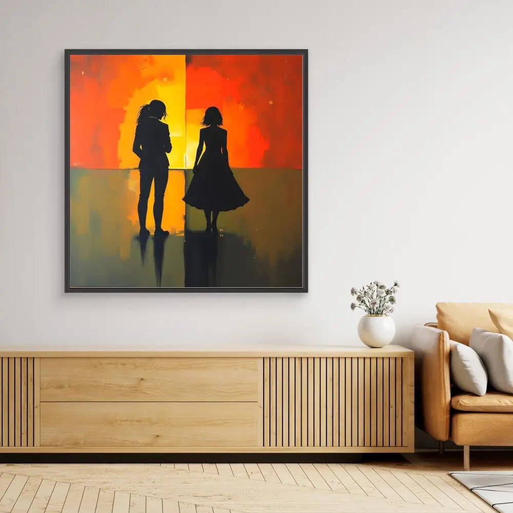 A framed artwork showing two silhouetted figures against a vibrant orange sunset backdrop.