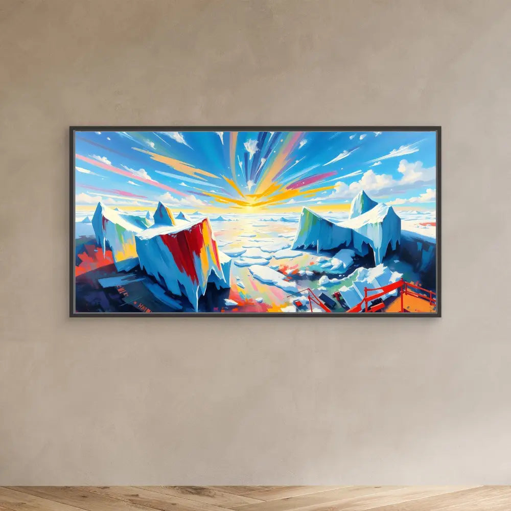 Framed artwork depicting a vibrant arctic landscape with icebergs against a dramatic sunset sky.