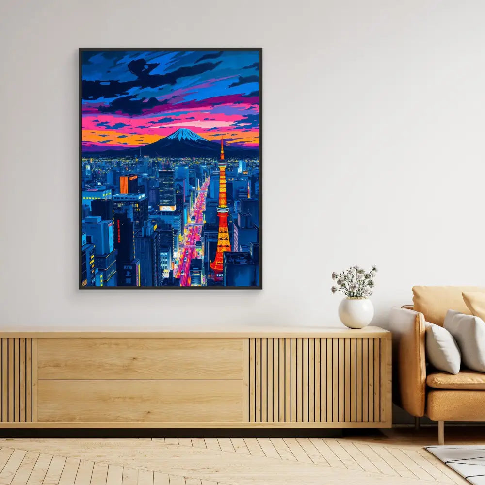 Framed artwork depicting a vibrant cityscape of Tokyo at sunset with Mount Fuji and Tokyo Tower visible against a dramatic pink and blue sky.