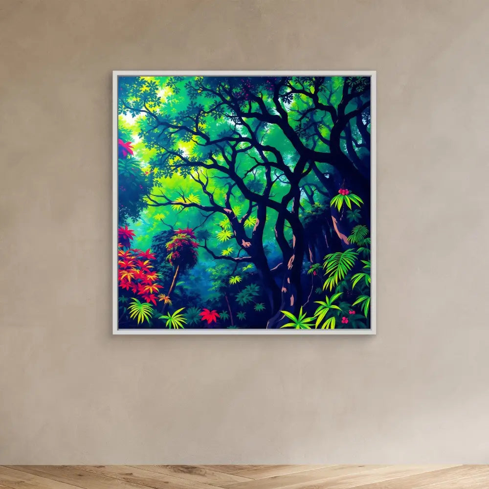 Framed artwork depicting a vibrant forest scene with intertwining tree branches and colorful foliage.